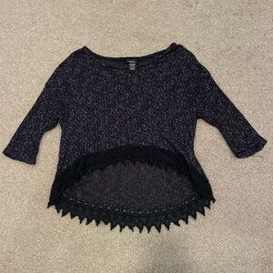 Rue 21 black & grey cropped sweater with lace hem and 3/4 sleeves